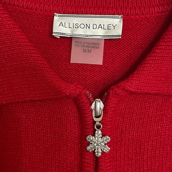 Allison Daley Women's Sweater Red Size M Long Sleeve Zip Christmas Snow Flakes - Picture 5 of 7